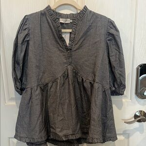 Gray Ruffled Puff Sleeve Blouse with Mandarin Collar